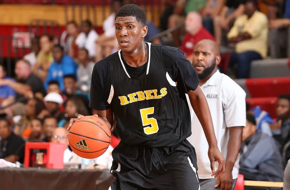 Basketball athlete handling the ball during a game